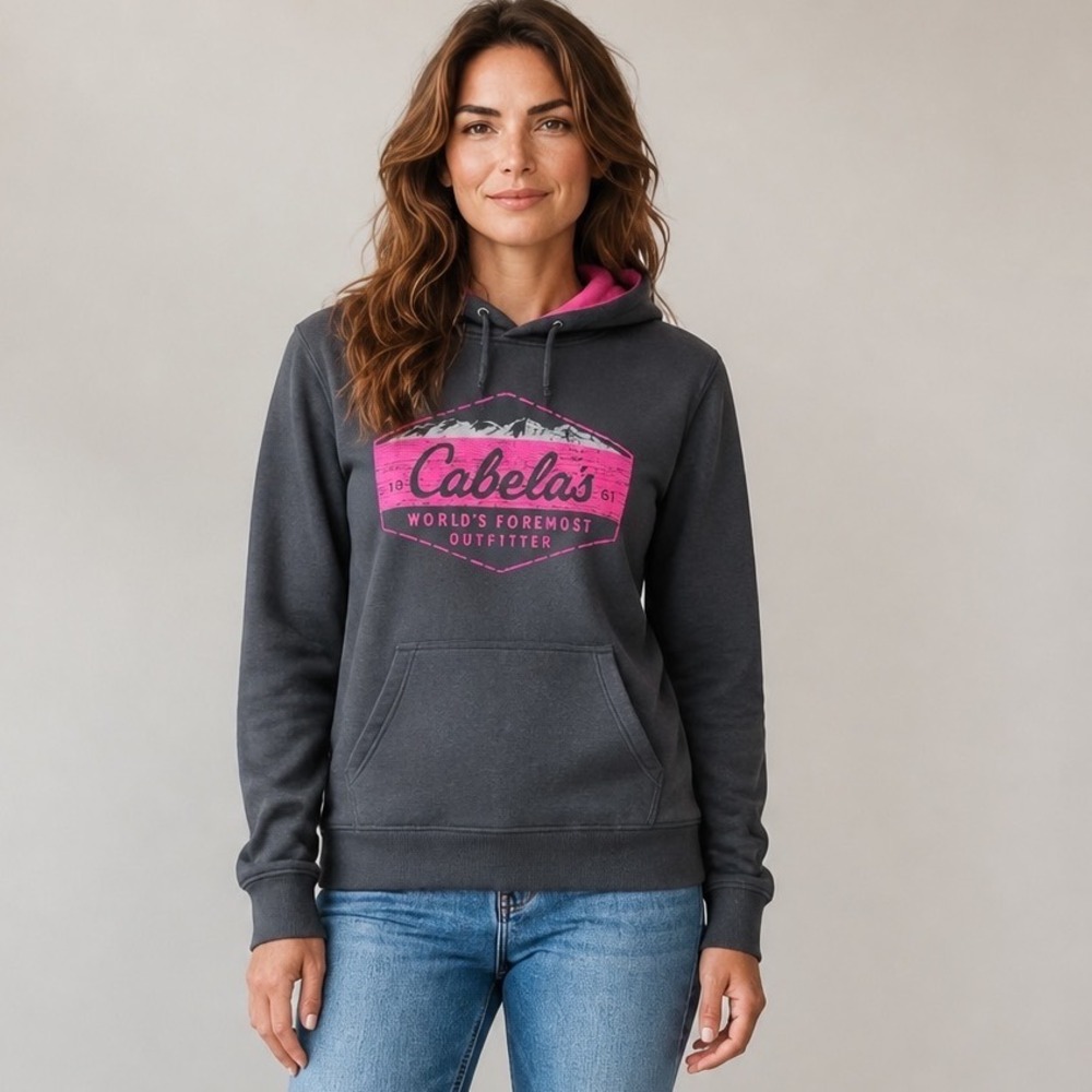 Cabelas Womens Hoodie Black Pink Graphic Logo Pullover Fleece Sweatshirt M Cabin
